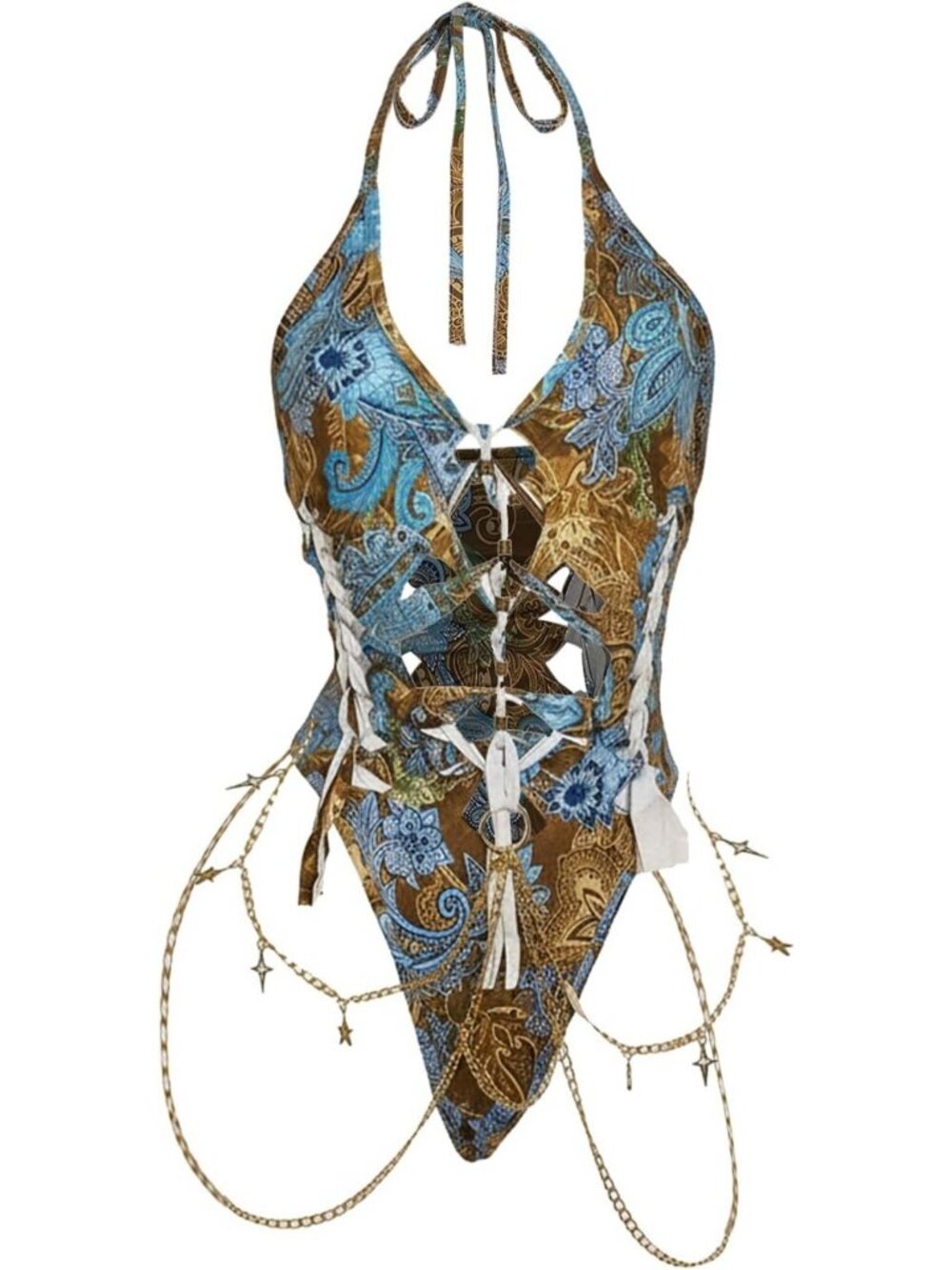 Gothic Cut Out Lace Up Bodysuit - Halter Neck Rave Outfit for Night Out